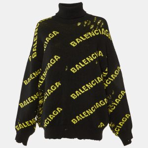 Balenciaga Black All Over Logo Wool Knit Distressed Sweater M, Sweaters & Cardigans - Luxury Closet catalog