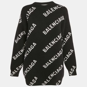 Balenciaga Black Allover Logo Jacquard Wool Crew Neck Oversized Jumper XS, Sweaters & Cardigans - Luxury Closet catalog