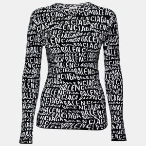 Balenciaga White & Black Wavy Logo Knitted Crew Neck Top XS, Sweaters & Cardigans - Luxury Closet