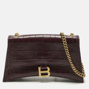 Balenciaga Dark Red Croc Embossed Leather XS Crush Chain Shoulder Bag, Handbags - Luxury Closet