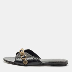 Balenciaga Black Leather Studded Cagole Flat Slides Size 39, Sandals - Luxury Closet catalog