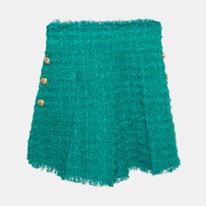 Balmain Green Tweed Button Detail High Rise Shorts S, Shorts - Luxury Closet