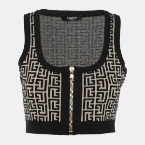 Balmain Black/Beige Wool jacquard Knit Crank Top S, Shirts & Tops - Luxury Closet
