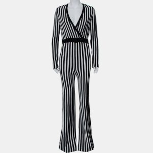 Balmain Monochrome Striped Knit Faux Wrap Jumpsuit M, Suits - Luxury Closet