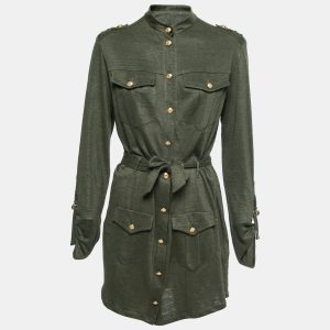 Balmain Kaki Green Knit Button-Embellished Belted Mini Dress M, Dresses - Luxury Closet