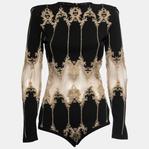Balmain Black Stretch-Knit Metallic Tulle Paneled Bodysuit L, Shirts & Tops - Luxury Closet