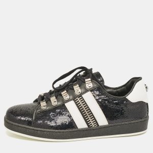 Balmain Black/White Leather and Sequins Lace Up Sneakers Size 38, Athletic Shoes & Sneakers - Luxury Closet