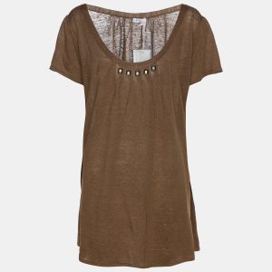 Basler Brown Stretch Knit Glam Rock Embellished Tops L, Shirts & Tops - Luxury Closet catalog