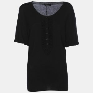 Basler Black Stretch Knit Ruffle Detail Top XL, Shirts & Tops - Luxury Closet
