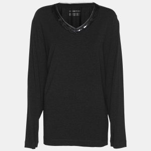 Basler Dark Grey Stretch Knit Ribbon Embellished V Neck Shirt XL, Shirts & Tops - Luxury Closet