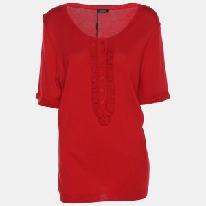 Basler Red Stretch Knit Ruffle Details Top XL, Shirts & Tops - Luxury Closet