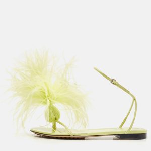 Bottega Veneta Green Feather and Leather Flat Slides Size 38, Sandals - Luxury Closet