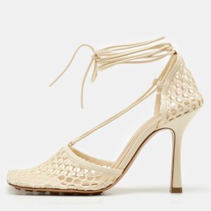 Bottega Veneta Cream Leather and Mesh Stretch Ankle Wrap Sandals Size 38, Sandals - Luxury Closet