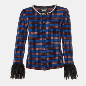 Boutique Moschino Blue Checked Knit Button Front Fringed Cardigan M, Sweaters & Cardigans - Luxury Closet catalog