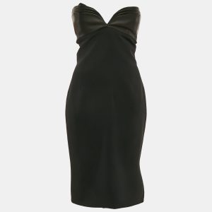 Brandon Maxwell Black Crepe Leather Trimmed Strapless Knee-Length Dress M, Dresses - Luxury Closet