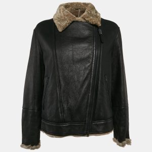 Brunello Cucinelli Black Leather Shearling Trimmed Zip-Up Jacket M, Coats & Jackets - Luxury Closet