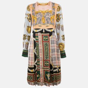 Burberry Multicolor Scarf Print Silk Pleated Long Sleeve Midi Dress M, Dresses - Luxury Closet