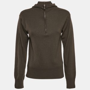 Burberry Otter Brown Wool Half Zip-Up Hooded Sweater XS, Sweaters & Cardigans - Luxury Closet