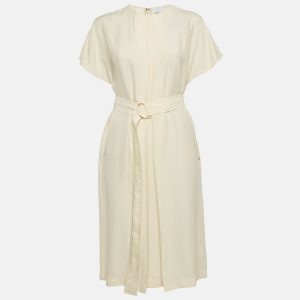 Burberry Off-White Crepe Belted Midi Dress S, Dresses - Luxury Closet