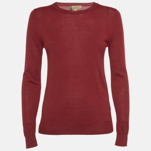 Burberry Red Merino Wool Knit Elbow Patch Sweater XS, Sweaters & Cardigans - Luxury Closet