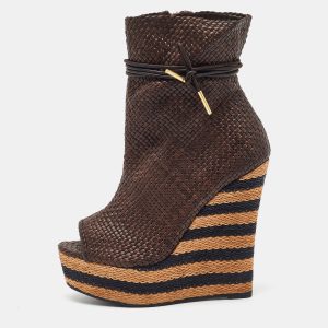 Burberry Brown Woven Leather Raffia Platform Wedge Ankle Length Boots Size 38, Boots - Luxury Closet catalog