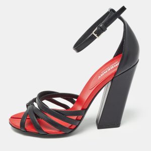 Burberry Black/Red Leather Hove Heel Ankle Strap Sandals Size 36, Sandals - Luxury Closet