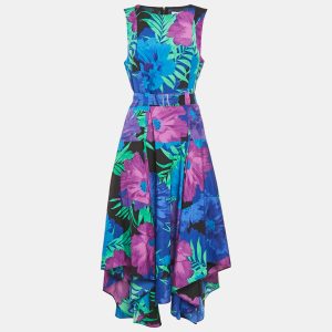 Calvin Klein Blue Floral Print Crepe Asymmetrical Midi Dress M, Dresses - Luxury Closet