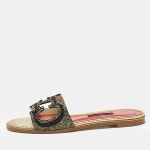 Carolina Herrera Gold/Black Leather Initials Insignia Crystals Flat Slides Size 39, Flats - Luxury Closet catalog