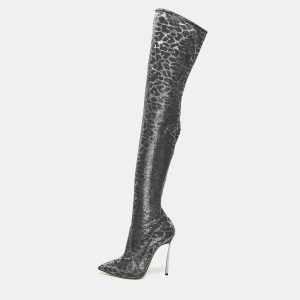 Casadei Grey Leopard Print Lurex Fabric Thigh High Boots Size 36, Boots - Luxury Closet catalog