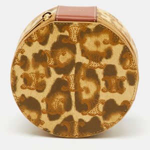 Celine Beige/Brown Animal Print Saffiano Leather Round Zip Around Pouch, Luggage Accessories - Luxury Closet
