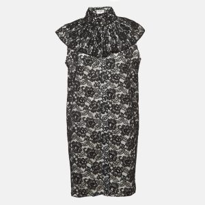 Chanel Black Floral Lace Ruffled High Neck Mini Dress L, Dresses - Luxury Closet