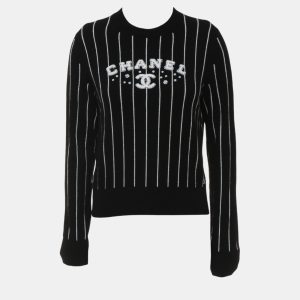 Chanel Black Cashmere Crew Neck Stripes Logo Sweater S, Sweaters & Cardigans - Luxury Closet