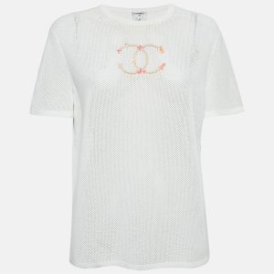 Chanel White CC Embroidered Mesh Sheer T-Shirt L, Shirts & Tops - Luxury Closet