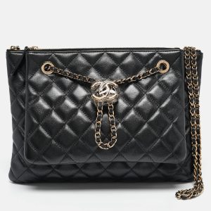 Chanel Black Quilted Leather Double Zip Pouch Bag, Shoulder Bags - Luxury Closet