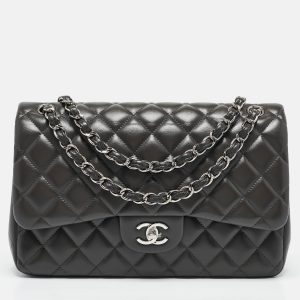 Chanel Grey Quilted Leather Jumbo Classic Double Flap Bag, Shoulder Bags - Luxury Closet