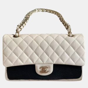 Chanel White Gold Button Caviar Leather Medium Bag, Shoulder Bags - Luxury Closet