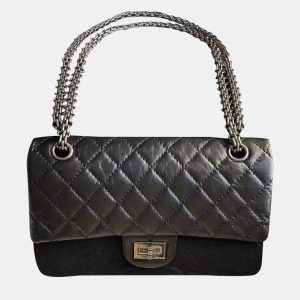 Chanel Black/Silver Leather 2.55 Double Flap Bag, Shoulder Bags - Luxury Closet