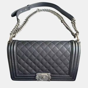 Chanel Black/Silver Leather Medium Boy Bag, Shoulder Bags - Luxury Closet