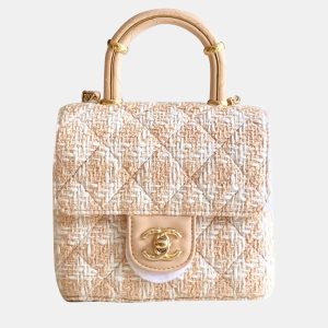 Chanel Handle Crush Mini Beige White Tweed Lambskin Leather Top Handle Bag, Satchels - Luxury Closet
