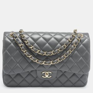 Chanel Grey Quilted Leather Jumbo Classic Double Flap Bag, Shoulder Bags - Luxury Closet