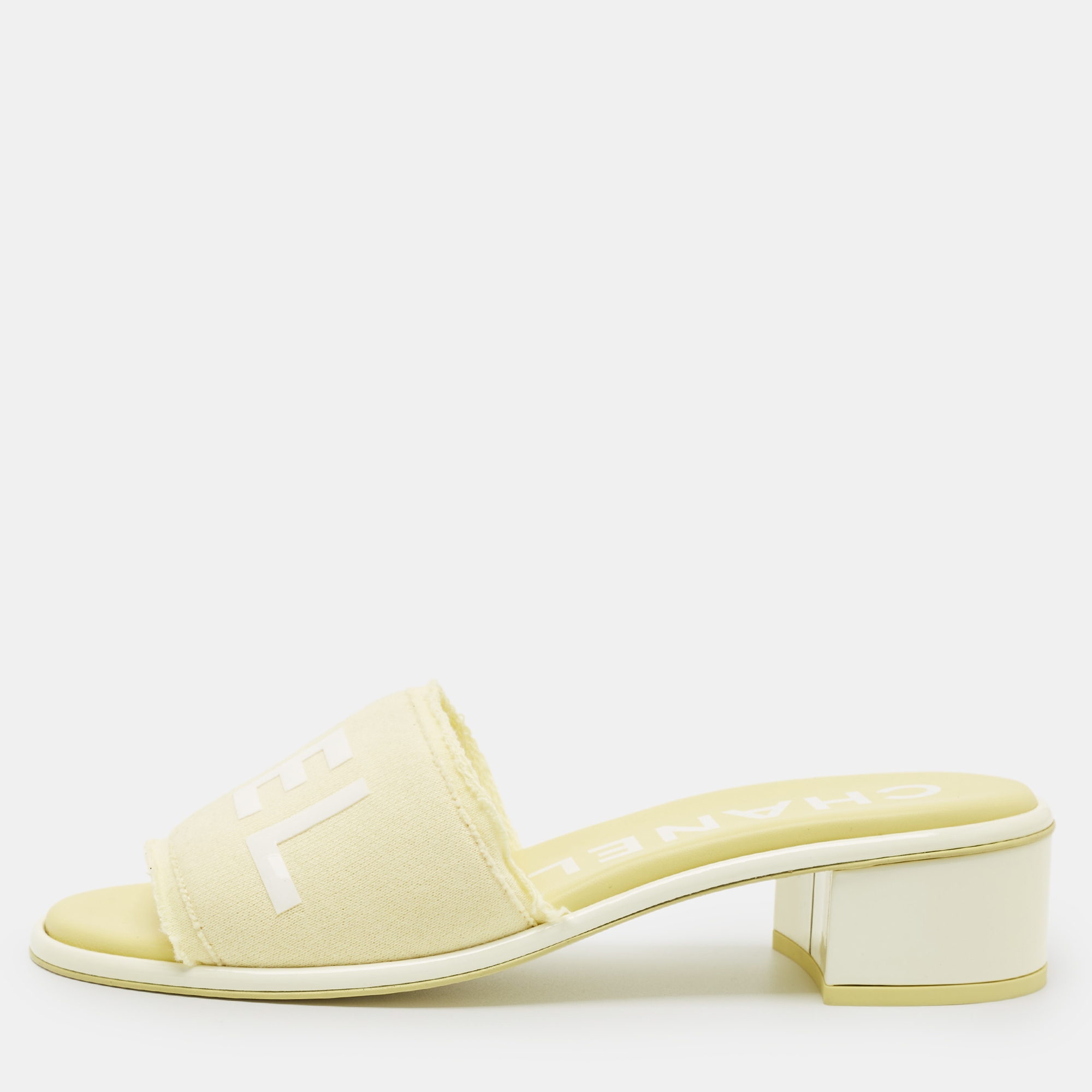 Chanel Yellow/White Fabric Logo Slide Sandals Size 38.5, Sandals - Luxury Closet catalog