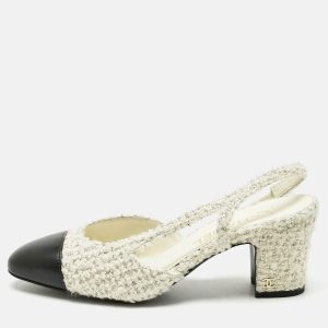 Chanel White/Black Tweed CC Cap Toe Slingback Pumps Size 37, Pumps - Luxury Closet catalog