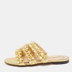 Charlotte Olympia Gold Pleated Leather Pearl Embellished Flats Size 35, Flats - Luxury Closet
