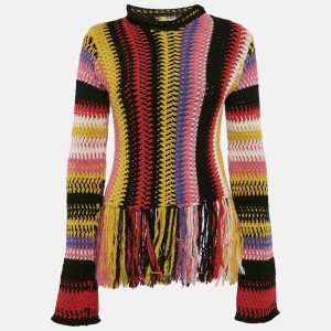 Chloe Multicolor Striped Crochet Fringed Sweater S, Sweaters & Cardigans - Luxury Closet catalog