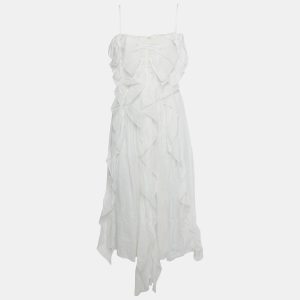 Chlo&eacute; White Ramie Ruffled Asymmetric Midi Dress M, Dresses - Luxury Closet