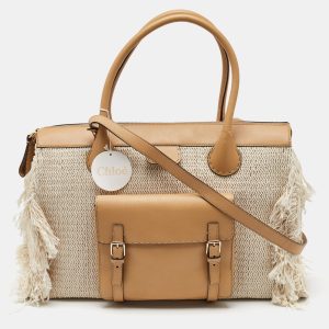 Chloe Cream/Tan Leather and Linen Fringe Edith Oversized Day Bag, Handbags - Luxury Closet