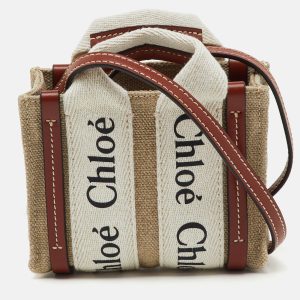 Chloe Beige/Brown Canvas and Leather Nano Woody Tote, Tote Handbags - Luxury Closet