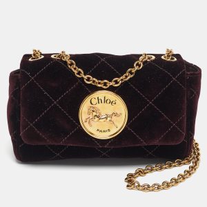 Chlo&eacute; Burgundy Quilted Velvet Small Heritage Shoulder Bag, Shoulder Bags - Luxury Closet catalog