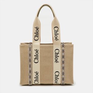 Chlo&eacute; Beige/Slate Green Canvas Medium Woody Ribbon Tote, Tote Handbags - Luxury Closet catalog