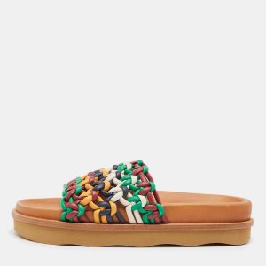 Chloe Multicolor Woven Leather Wavy Slides Size 39, Flats - Luxury Closet